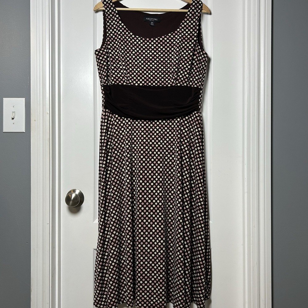 Perceptions Petite Brown Pink Polka Dot Print Ruched Waist Sleeveless Midi Dress